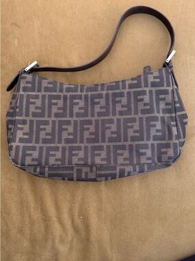 Authentic Fendi FF Zucca Canvas Shoulder Bag in Dark Brown